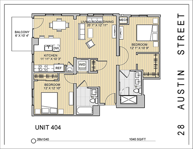 Floor plan for 2 beds, 2 baths, 1040 sqft